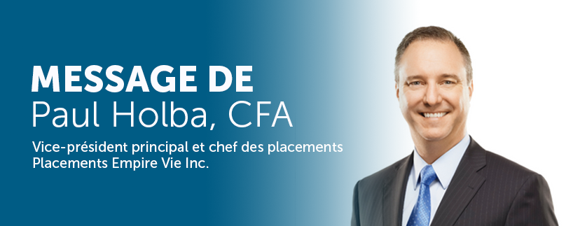 Photo rapprochée d’un homme d’affaires portant une cravate bleue avec le texte « Message de Paul Holba, CFA, vice président principal et chef des placements »