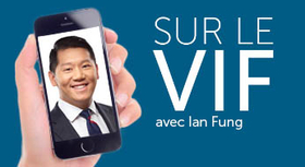 Main qui tient un cellulaire affichant le visage d’un homme d’affaires à côté du texte « Sur le vif avec Ian Fung »