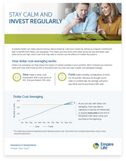 Preview of "Stay Calm and Invest Regularly" Flyer. Showing middle aged couple in a reviewing something on a tablet, followed by an illustration of the benefits of dollar cost average.