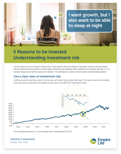 Preview of the first page of the "5 Reasons to be invested" Flyer showing a young women looking outside of her kitchen window thinking "I want growth, but I also wan to be able to sleep at night". Followed by a line graph showing the index return highlighting a small down period that looks worse than it is.