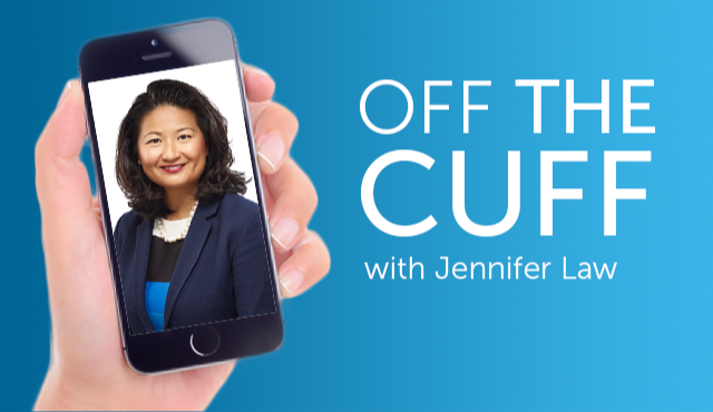 Image of Jennifer Law appearing on a smartphone with text "Off the Cuff with Jennifer Law".